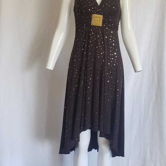 EnFocus  Studio Brown & Gold Halter Tie Stretch Knit High Low Dress - Picture 4 of 7